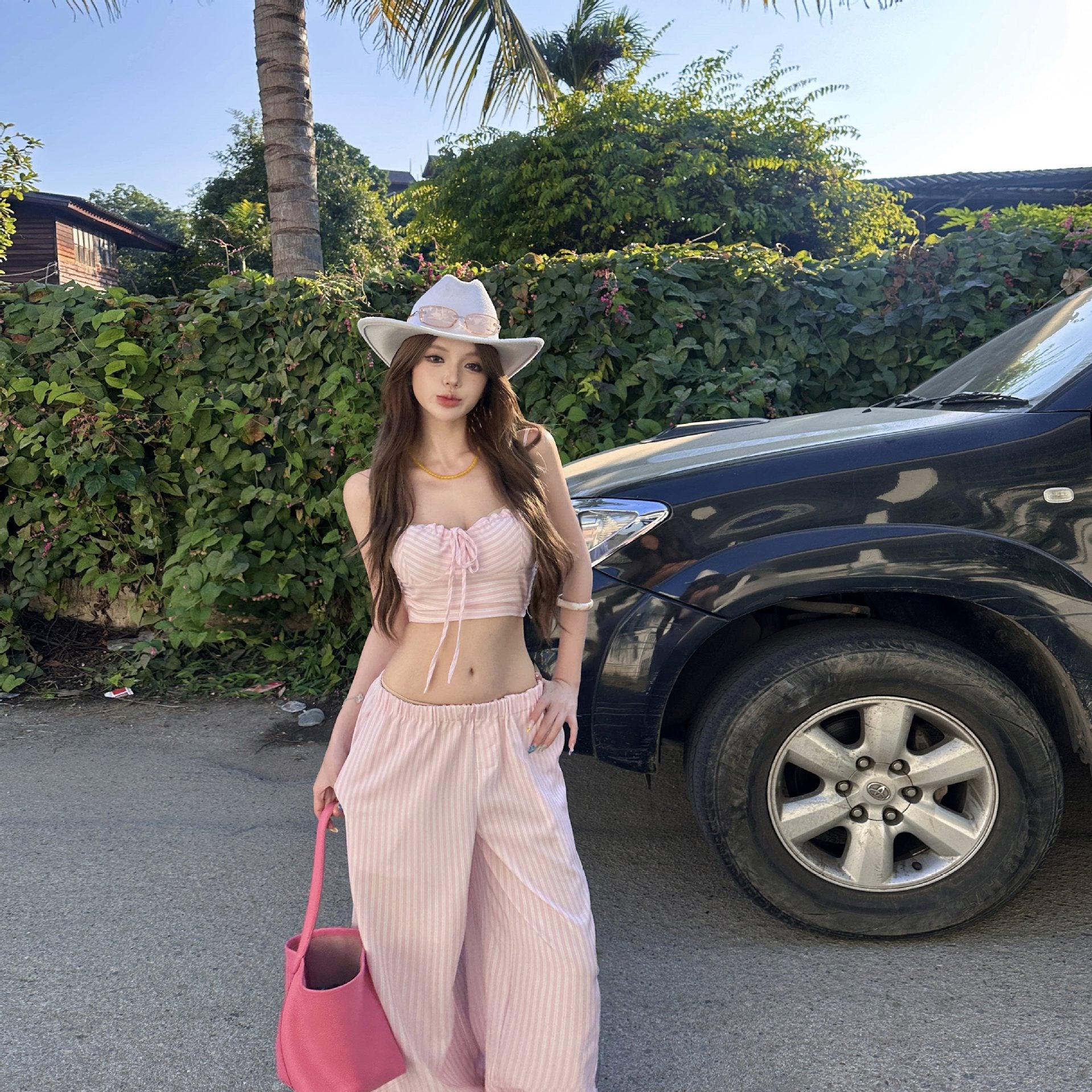 Women's Pink Striped Three-Piece Vacation Set | Halter Top, Button-Up Shirt & Wide Leg Pants