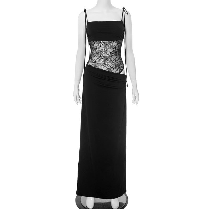 Women's Lace Trim Spaghetti Strap Maxi Dress | Slim Fit Sleeveless Bodycon Dress