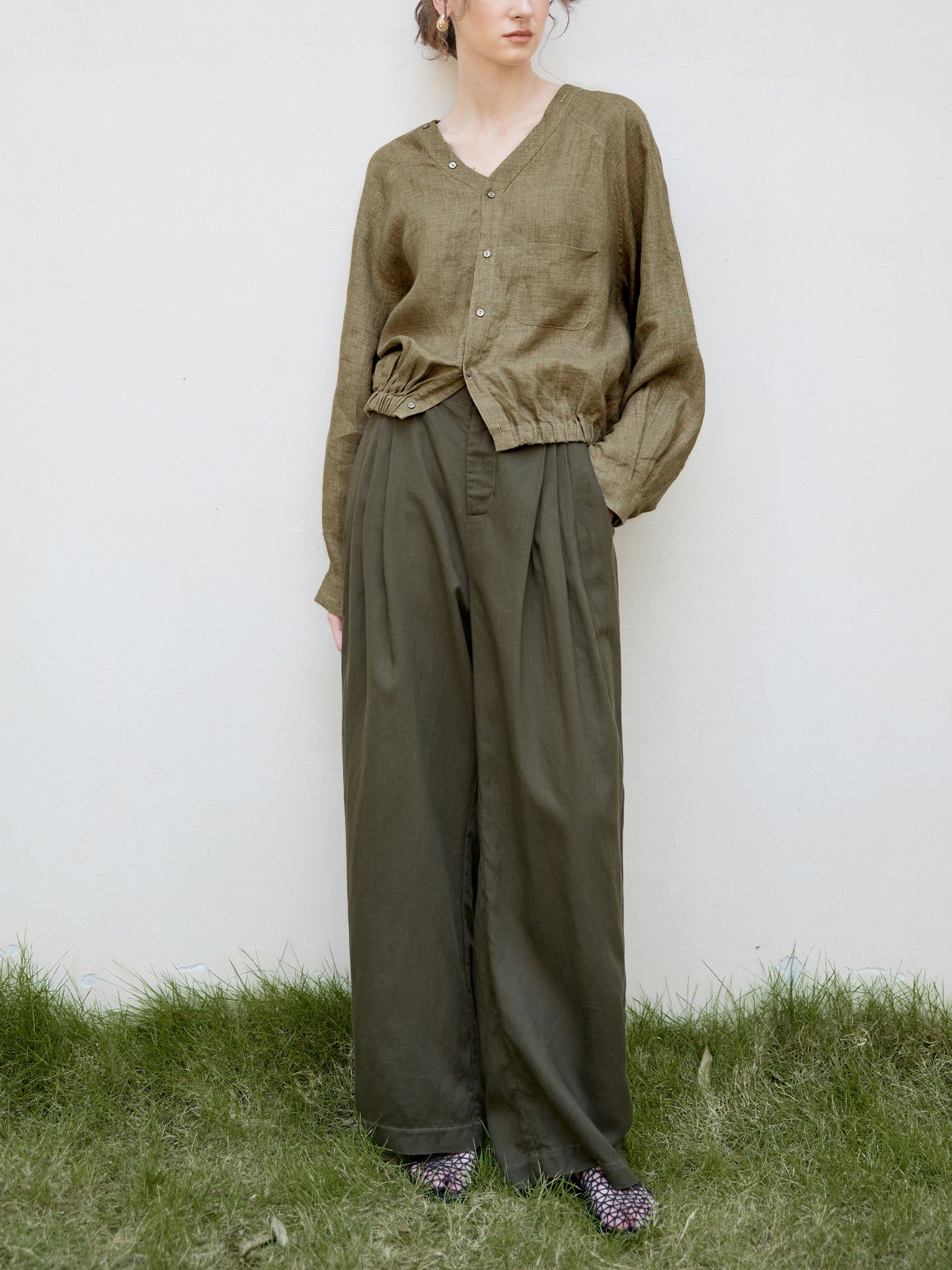 Women's Linen V-Neck Raglan Sleeve Shirt | Relaxed Fit Button-Up Casual Blouse