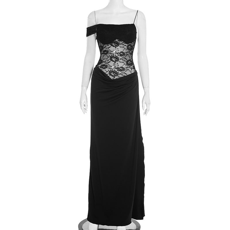 Women's Lace Trim Spaghetti Strap Maxi Dress | Slim Fit Sleeveless Bodycon Dress
