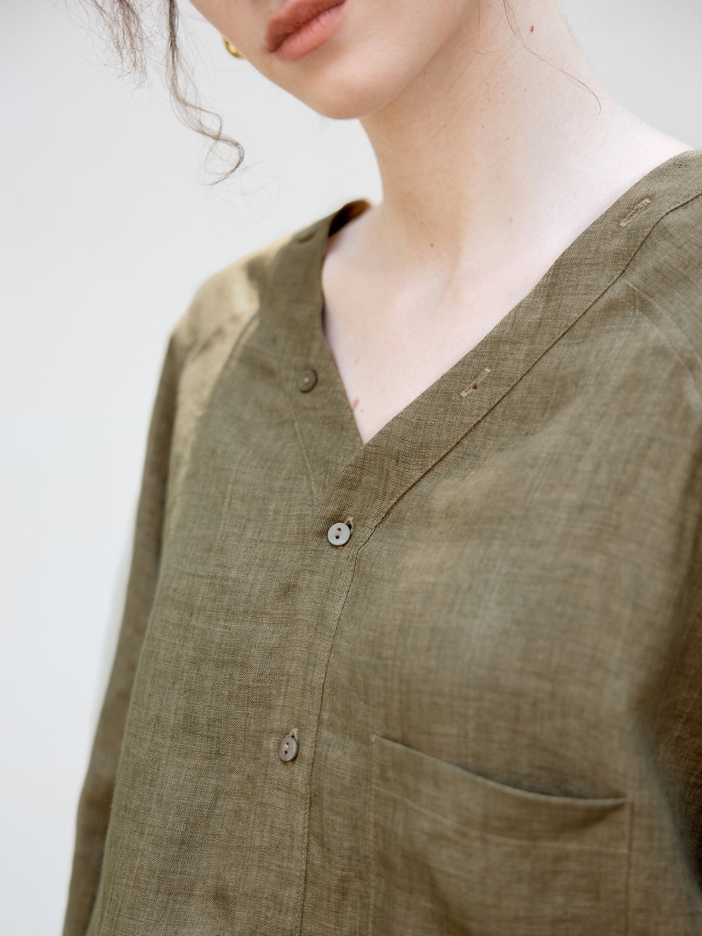Women's Linen V-Neck Raglan Sleeve Shirt | Relaxed Fit Button-Up Casual Blouse