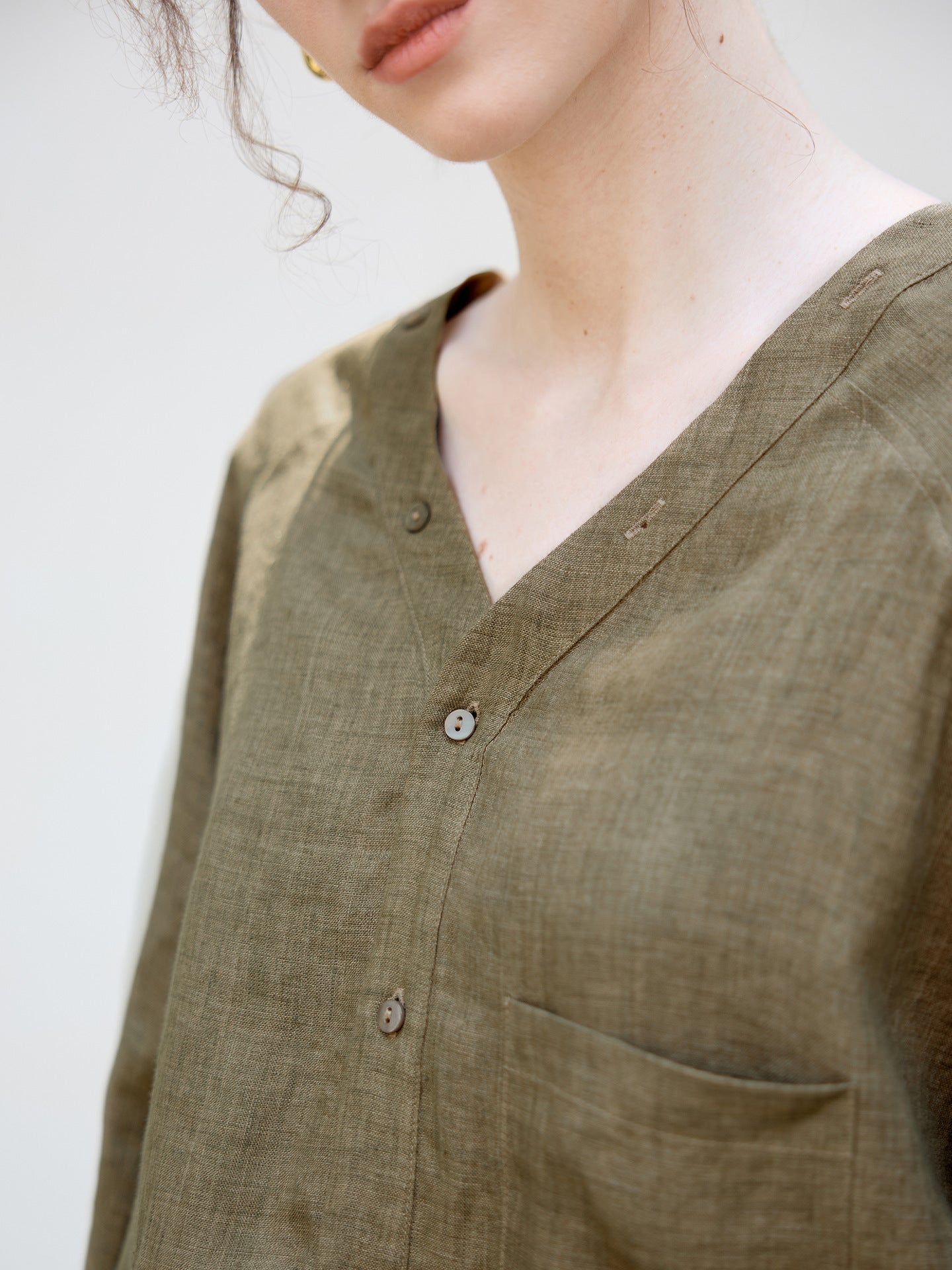 Women's Linen V-Neck Raglan Sleeve Shirt | Relaxed Fit Button-Up Casual Blouse