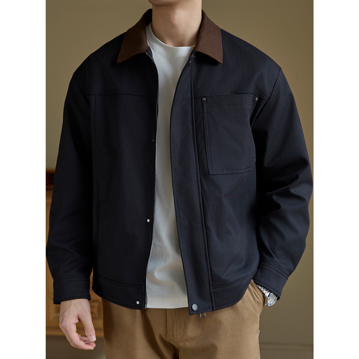 Men's Retro Color Block Workwear Jacket | Vintage Lapel Casual Cotton Coat