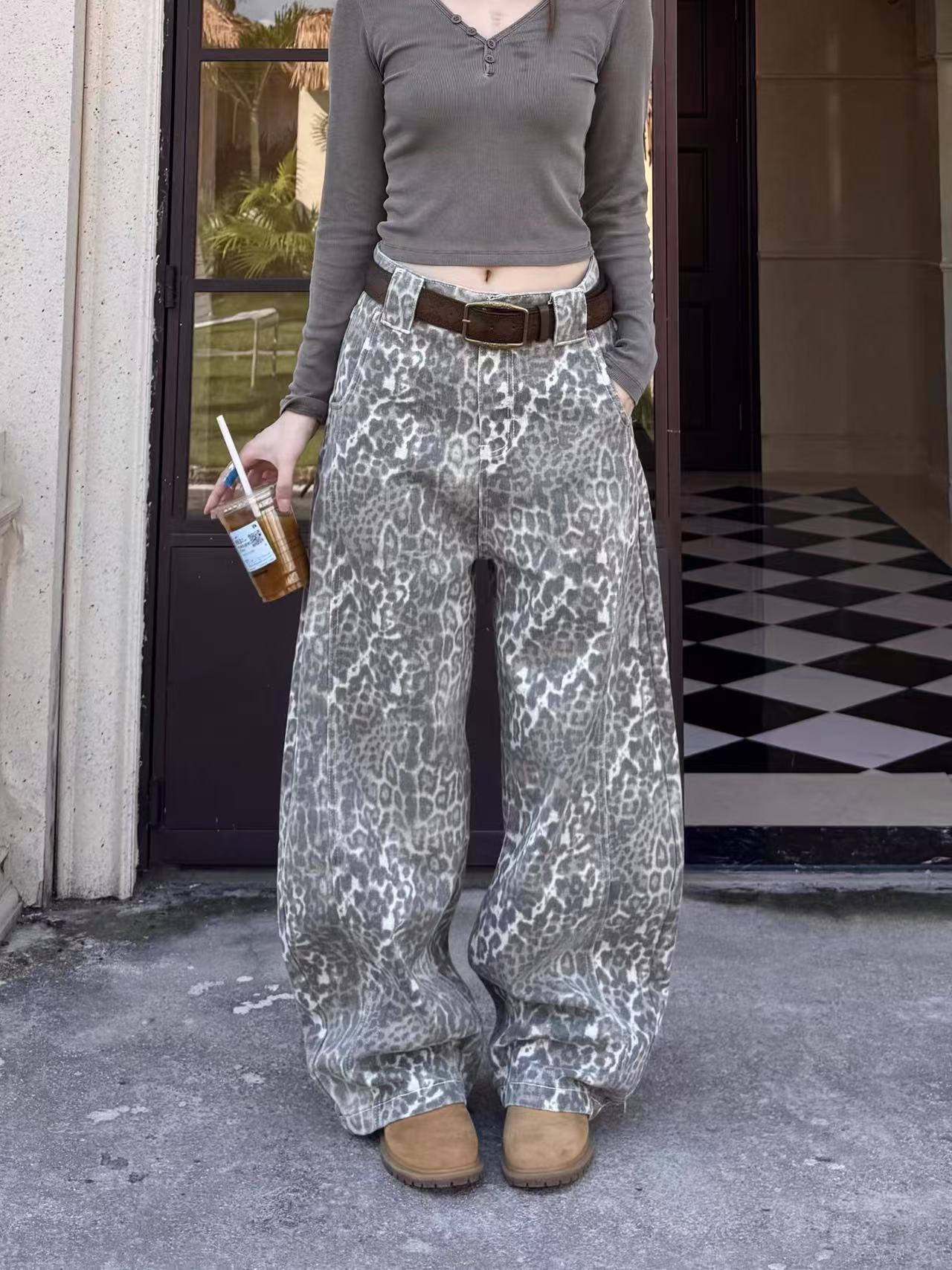 Vintage Leopard Print Wide Leg Jeans | High Waist Relaxed Fit Denim Pants