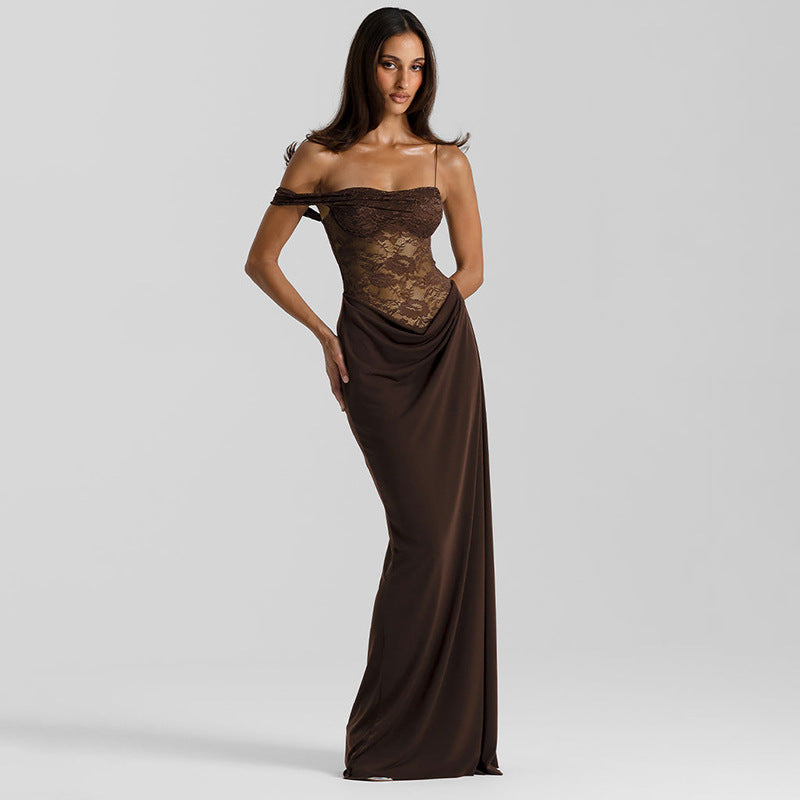 Women's Lace Trim Spaghetti Strap Maxi Dress | Slim Fit Sleeveless Bodycon Dress