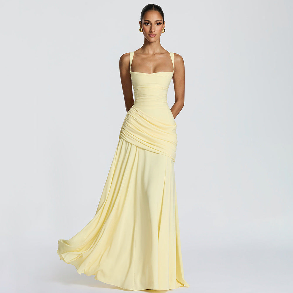 Women's Elegant Sleeveless Flared Maxi Dress | Square Neck High Waist A-Line Dress