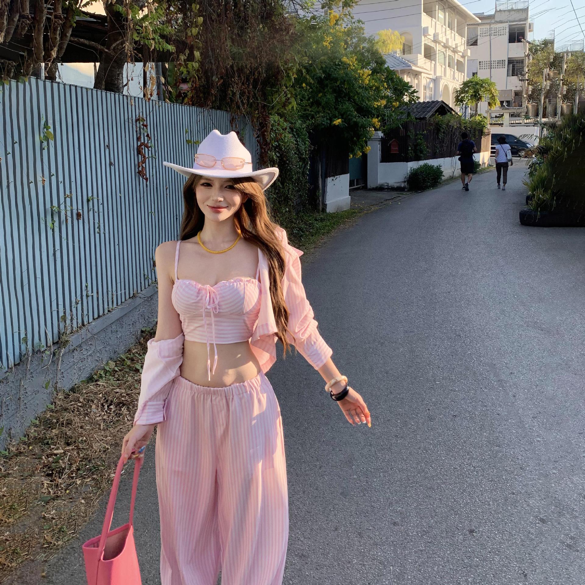 Women's Pink Striped Three-Piece Vacation Set | Halter Top, Button-Up Shirt & Wide Leg Pants