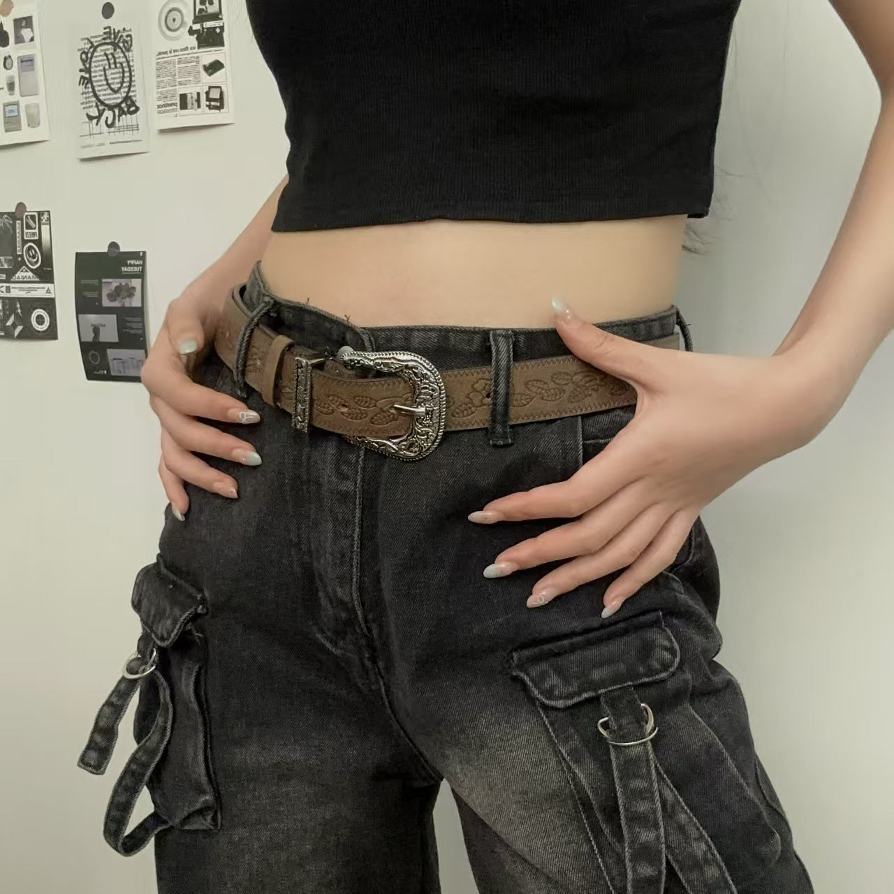 Retro Leather Belt with Decorative Buckle | Vintage Y2K Fashion Waist Belt