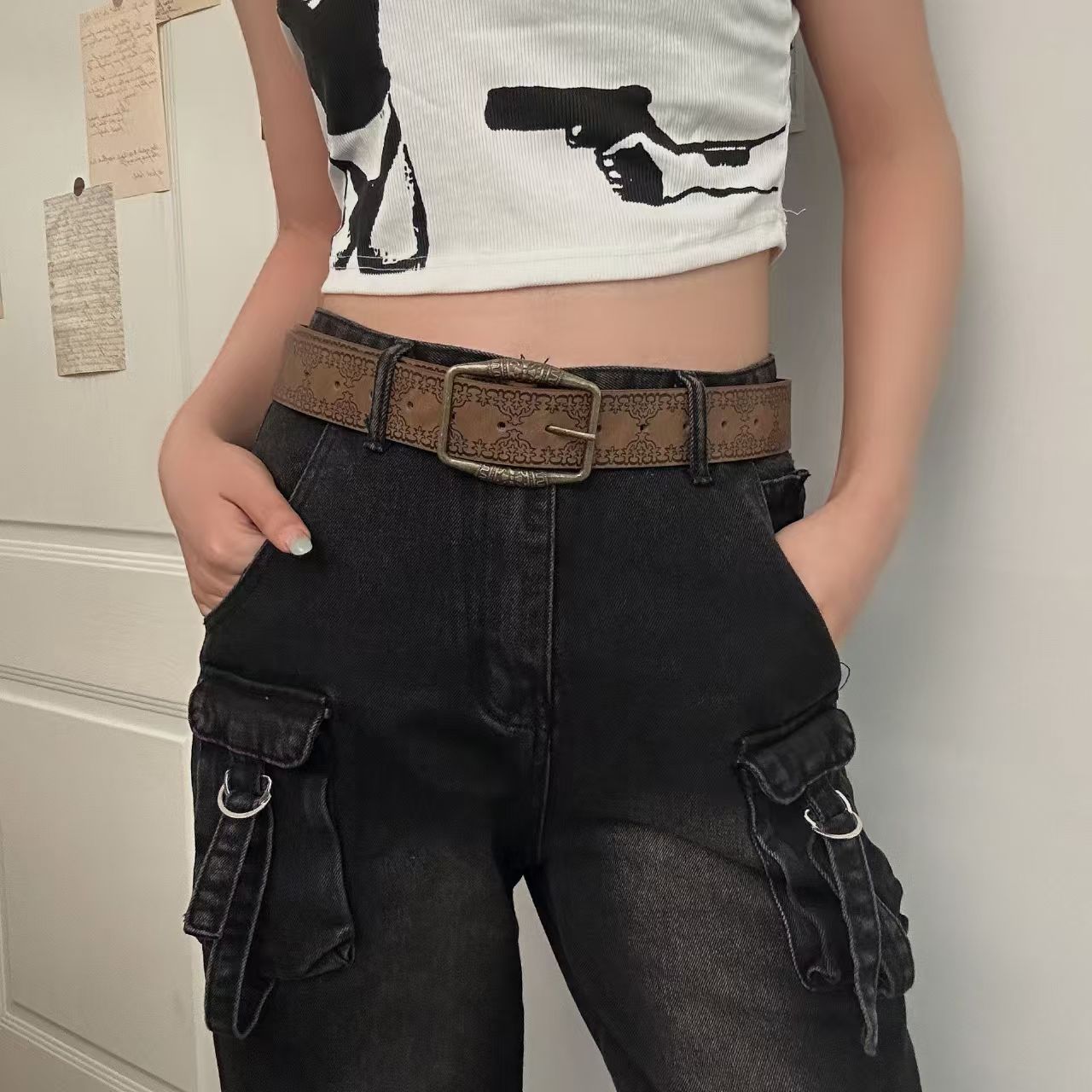 Retro Leather Belt with Decorative Buckle | Vintage Y2K Fashion Waist Belt
