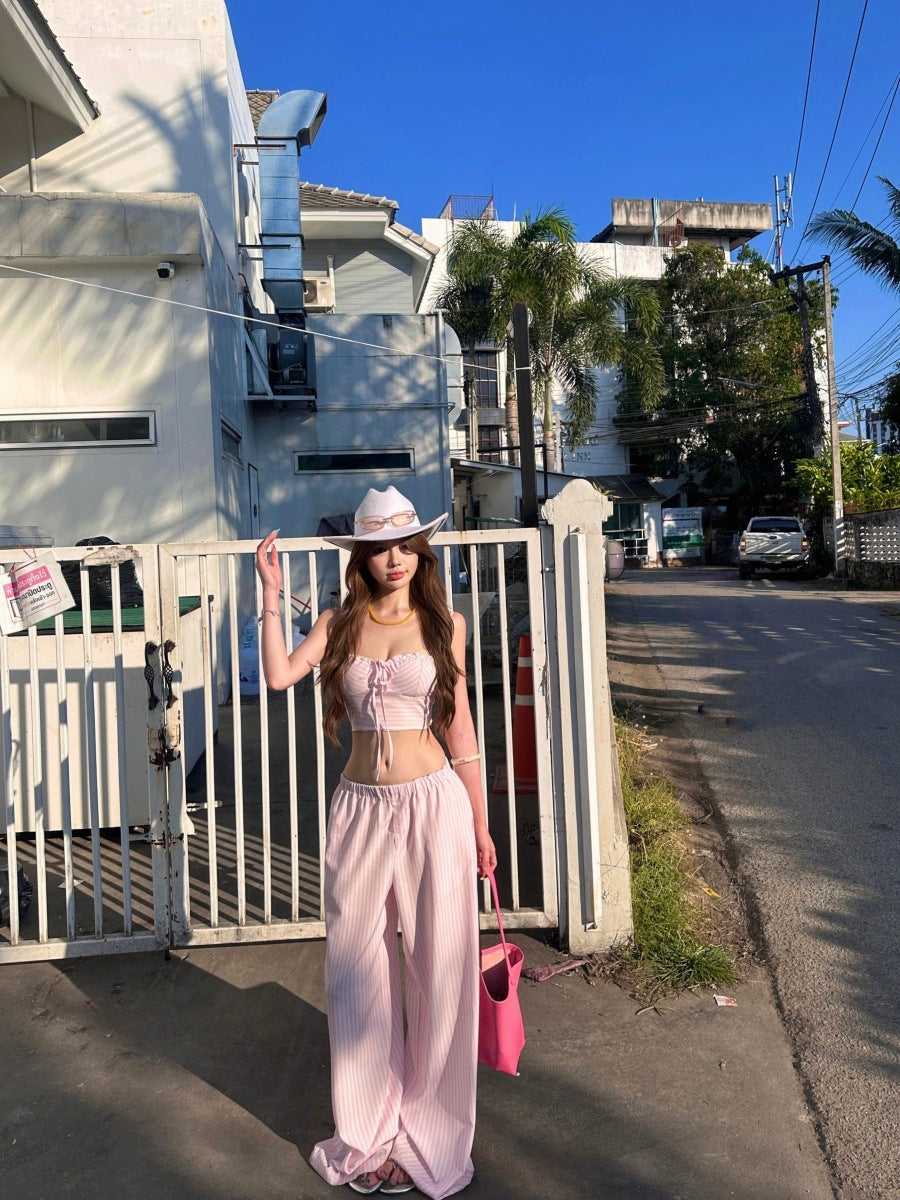 Women's Pink Striped Three-Piece Vacation Set | Halter Top, Button-Up Shirt & Wide Leg Pants