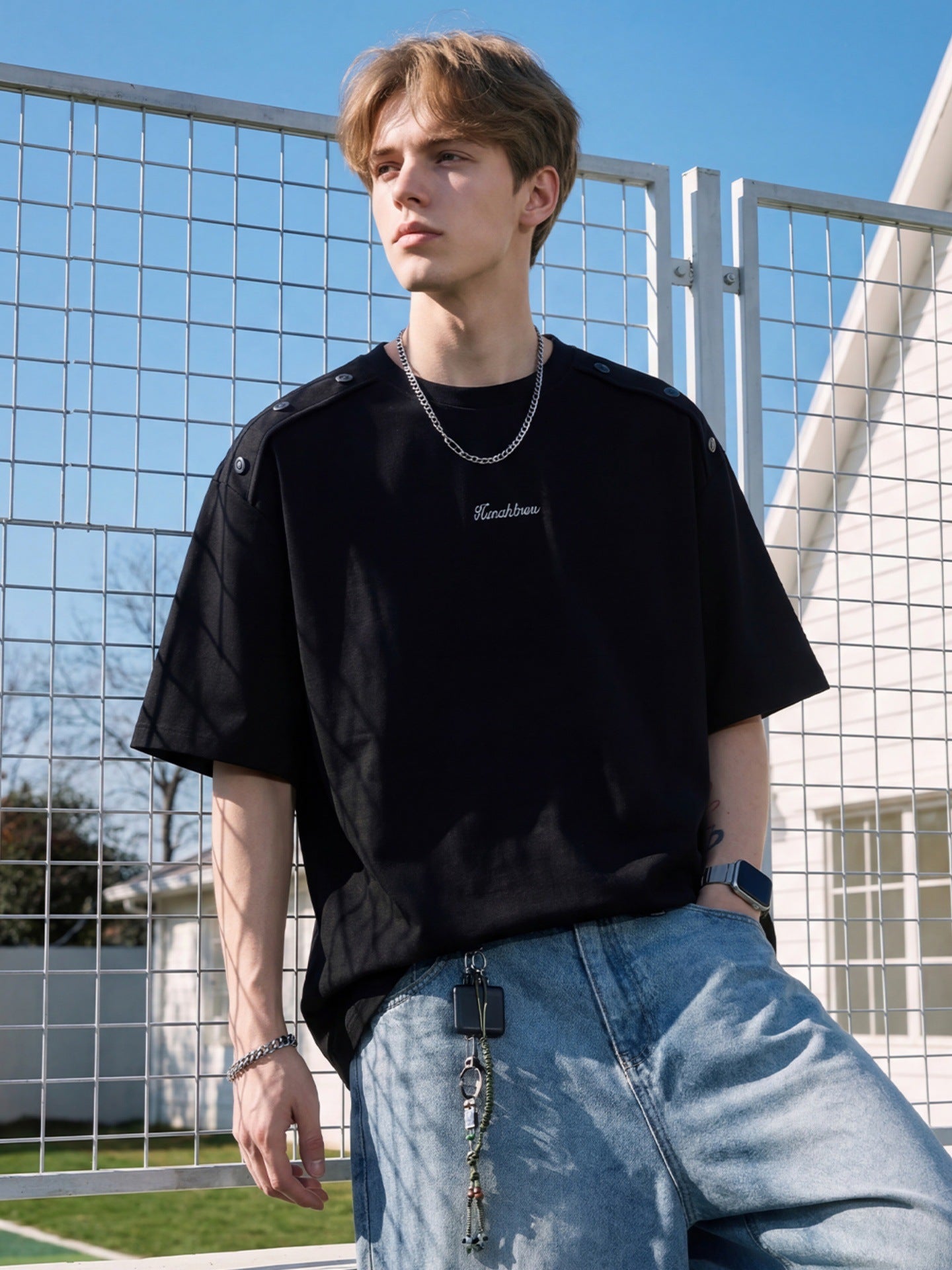 Unisex Premium Oversized Cotton T-Shirt | Casual Loose Fit Crew Neck Tee with Shoulder Button Detail
