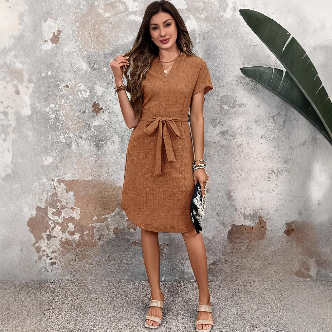 Women's V-Neck Bow Belt A-Line Midi Dress | Elegant Casual Summer Dress