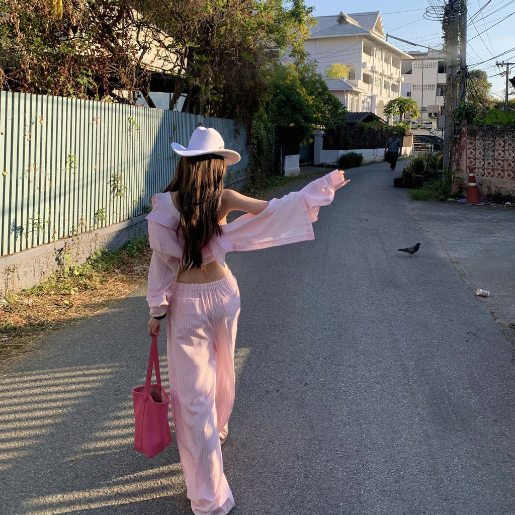 Women's Pink Striped Three-Piece Vacation Set | Halter Top, Button-Up Shirt & Wide Leg Pants