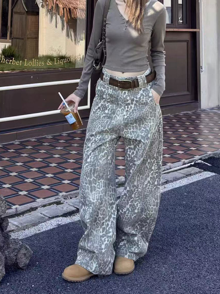 Vintage Leopard Print Wide Leg Jeans | High Waist Relaxed Fit Denim Pants