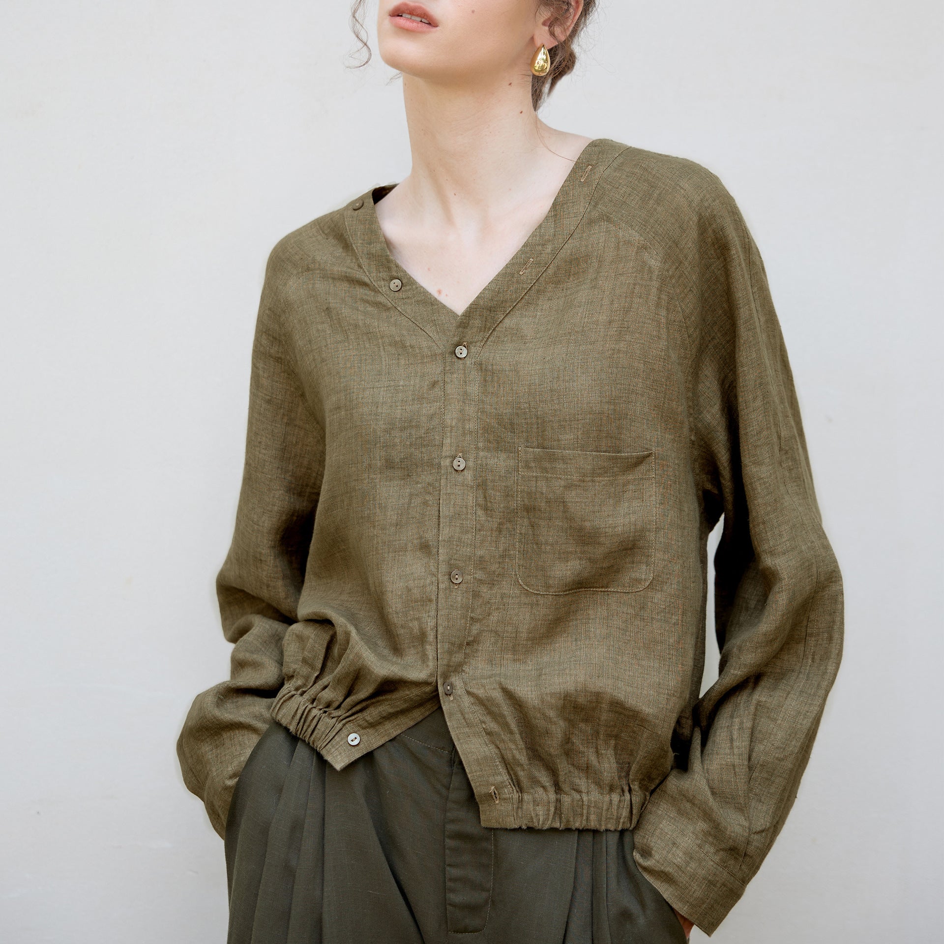 Women's Linen V-Neck Raglan Sleeve Shirt | Relaxed Fit Button-Up Casual Blouse