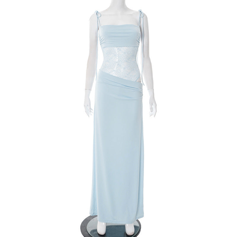 Women's Lace Trim Spaghetti Strap Maxi Dress | Slim Fit Sleeveless Bodycon Dress