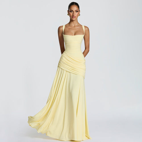 Women's Elegant Sleeveless Flared Maxi Dress | Square Neck High Waist A-Line Dress