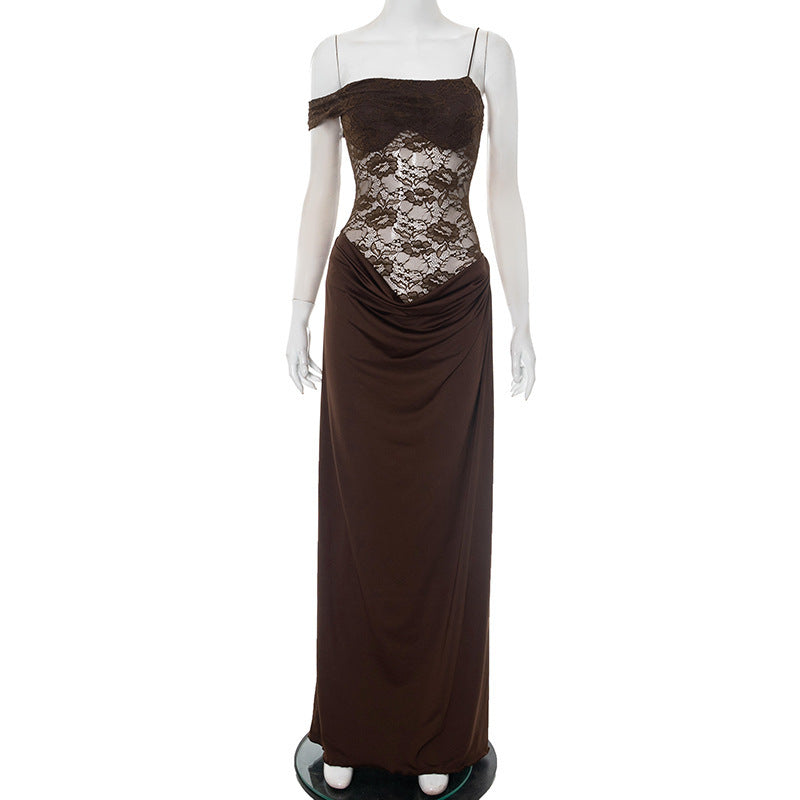 Women's Lace Trim Spaghetti Strap Maxi Dress | Slim Fit Sleeveless Bodycon Dress