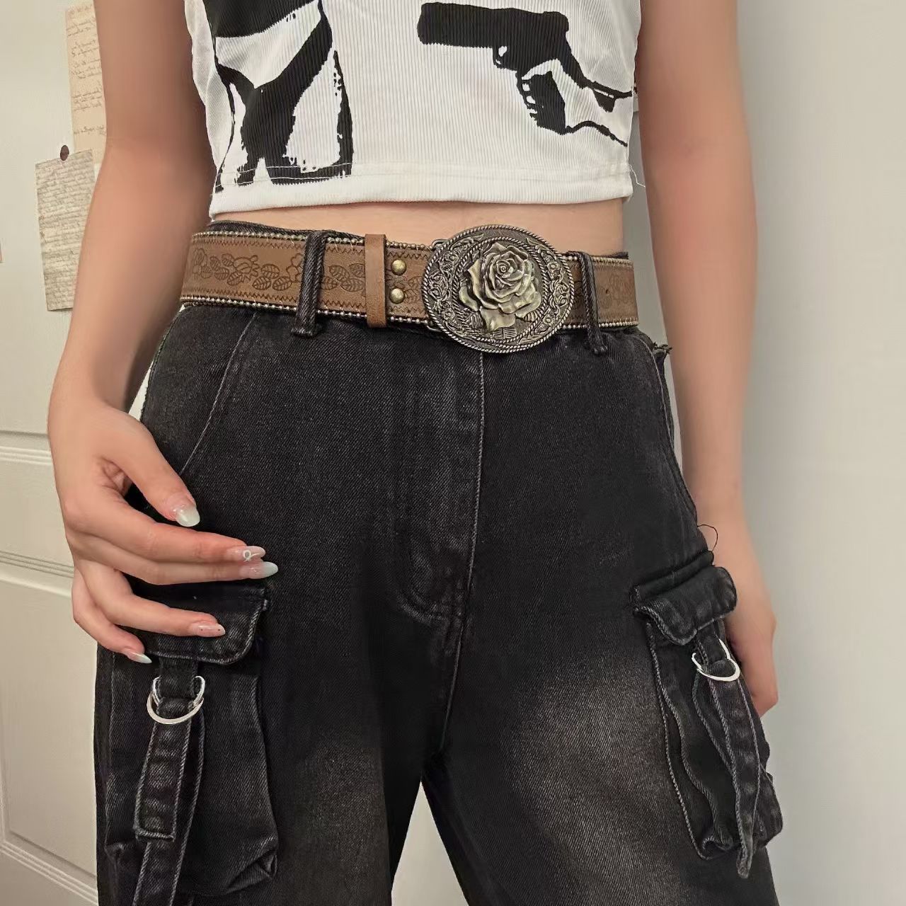 Retro Leather Belt with Decorative Buckle | Vintage Y2K Fashion Waist Belt