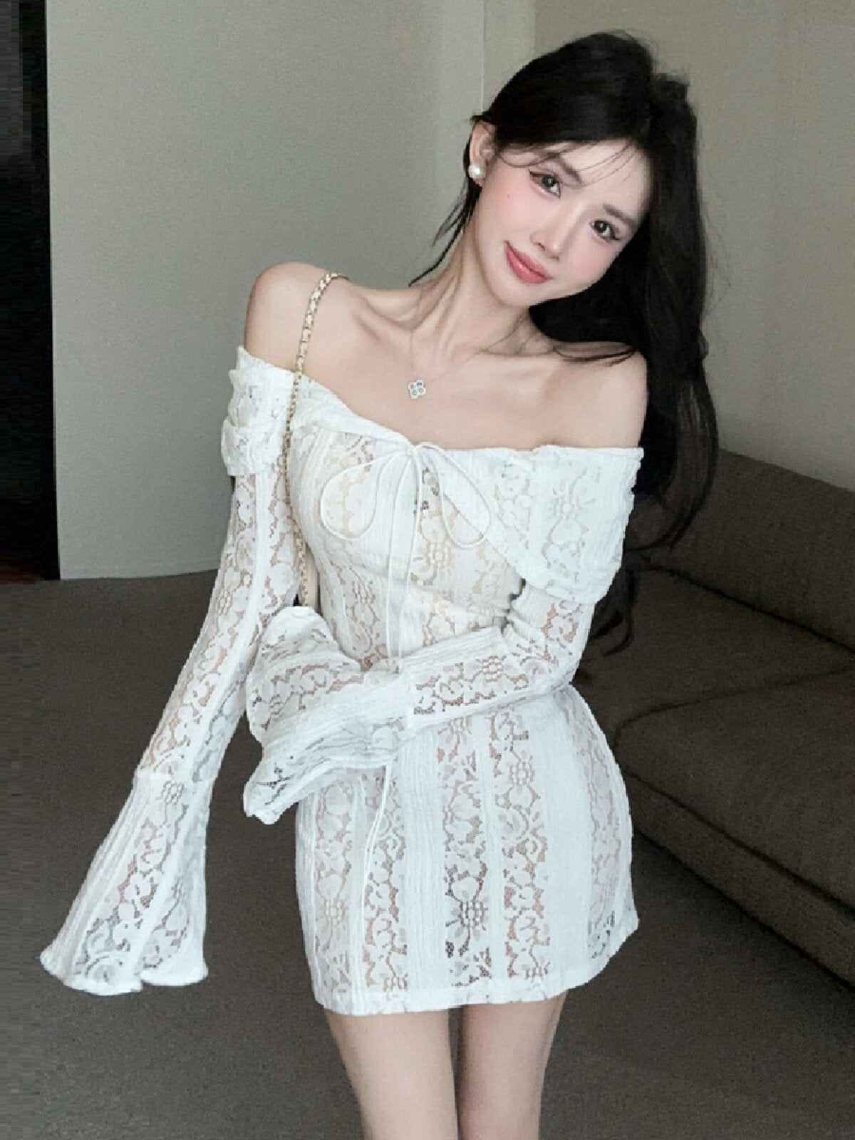 Women's Off-Shoulder Lace Mini Dress | Elegant French Style Flare Sleeve Party Dress