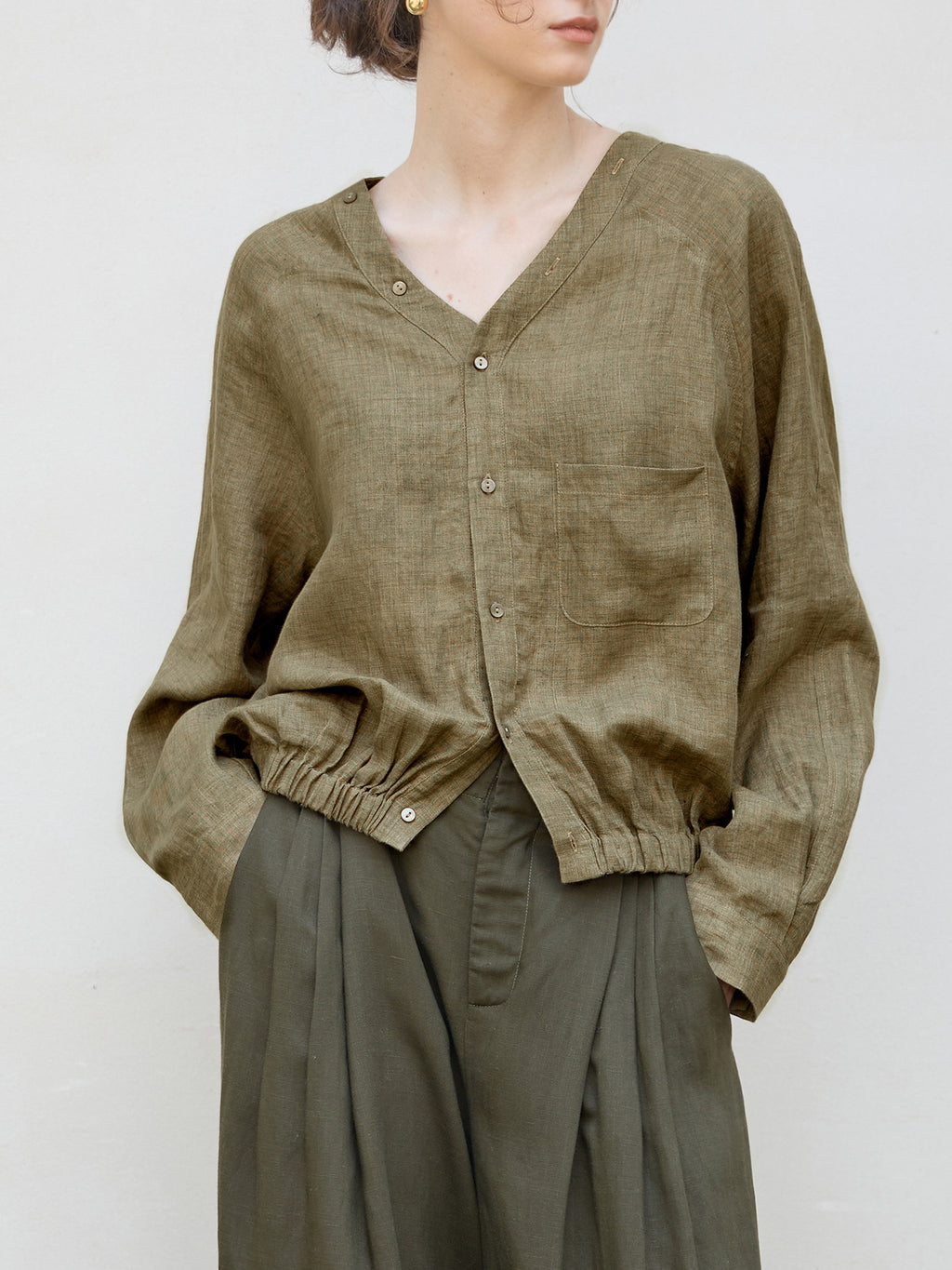 Women's Linen V-Neck Raglan Sleeve Shirt | Relaxed Fit Button-Up Casual Blouse
