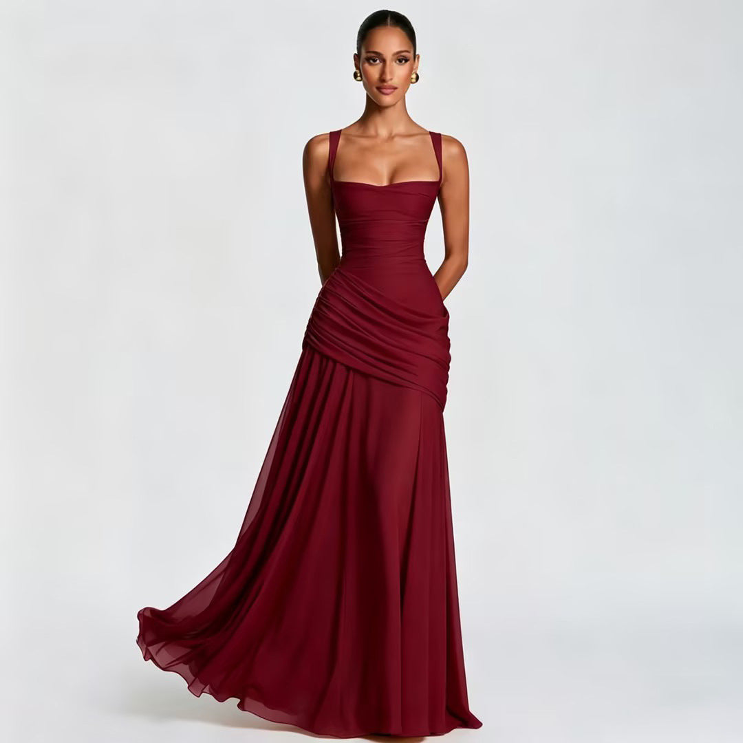 Women's Elegant Sleeveless Flared Maxi Dress | Square Neck High Waist A-Line Dress