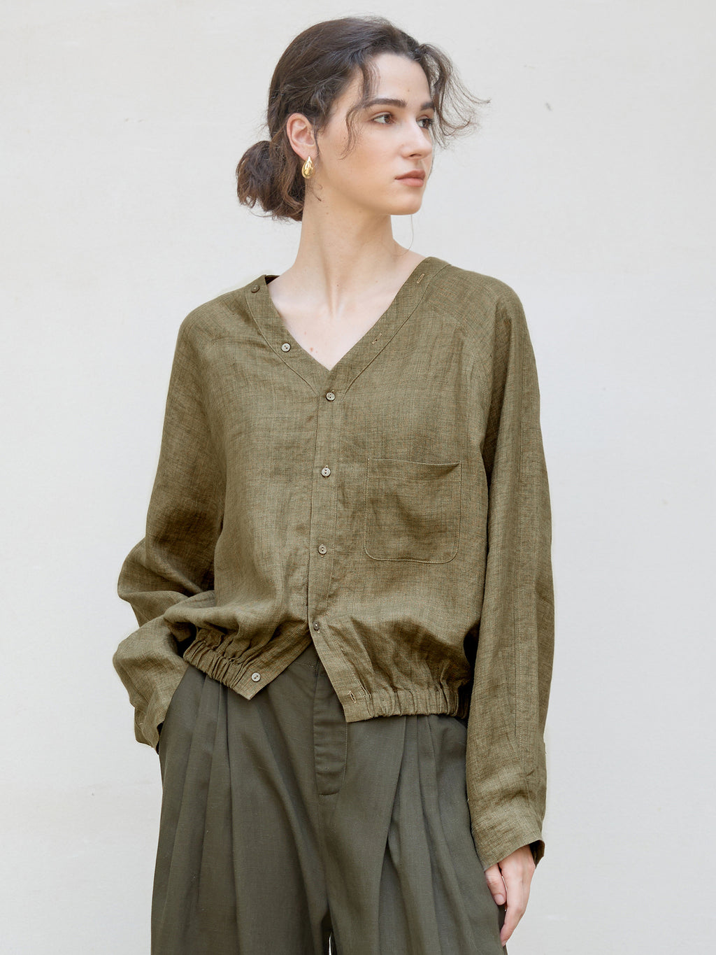 Women's Linen V-Neck Raglan Sleeve Shirt | Relaxed Fit Button-Up Casual Blouse