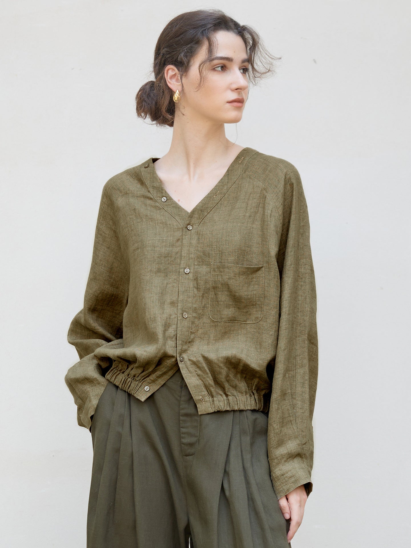 Women's Linen V-Neck Raglan Sleeve Shirt | Relaxed Fit Button-Up Casual Blouse