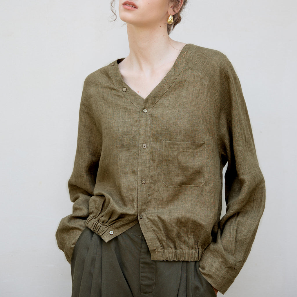 Women's Linen V-Neck Raglan Sleeve Shirt | Relaxed Fit Button-Up Casual Blouse