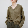Women's Linen V-Neck Raglan Sleeve Shirt | Relaxed Fit Button-Up Casual Blouse