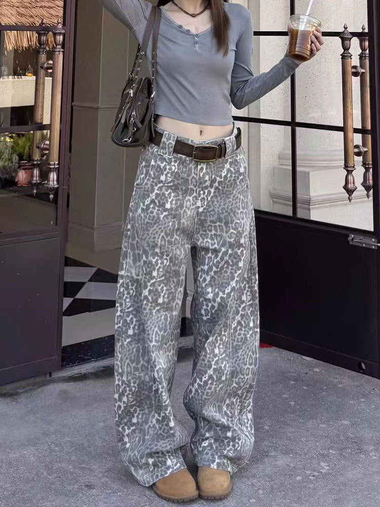 Vintage Leopard Print Wide Leg Jeans | High Waist Relaxed Fit Denim Pants