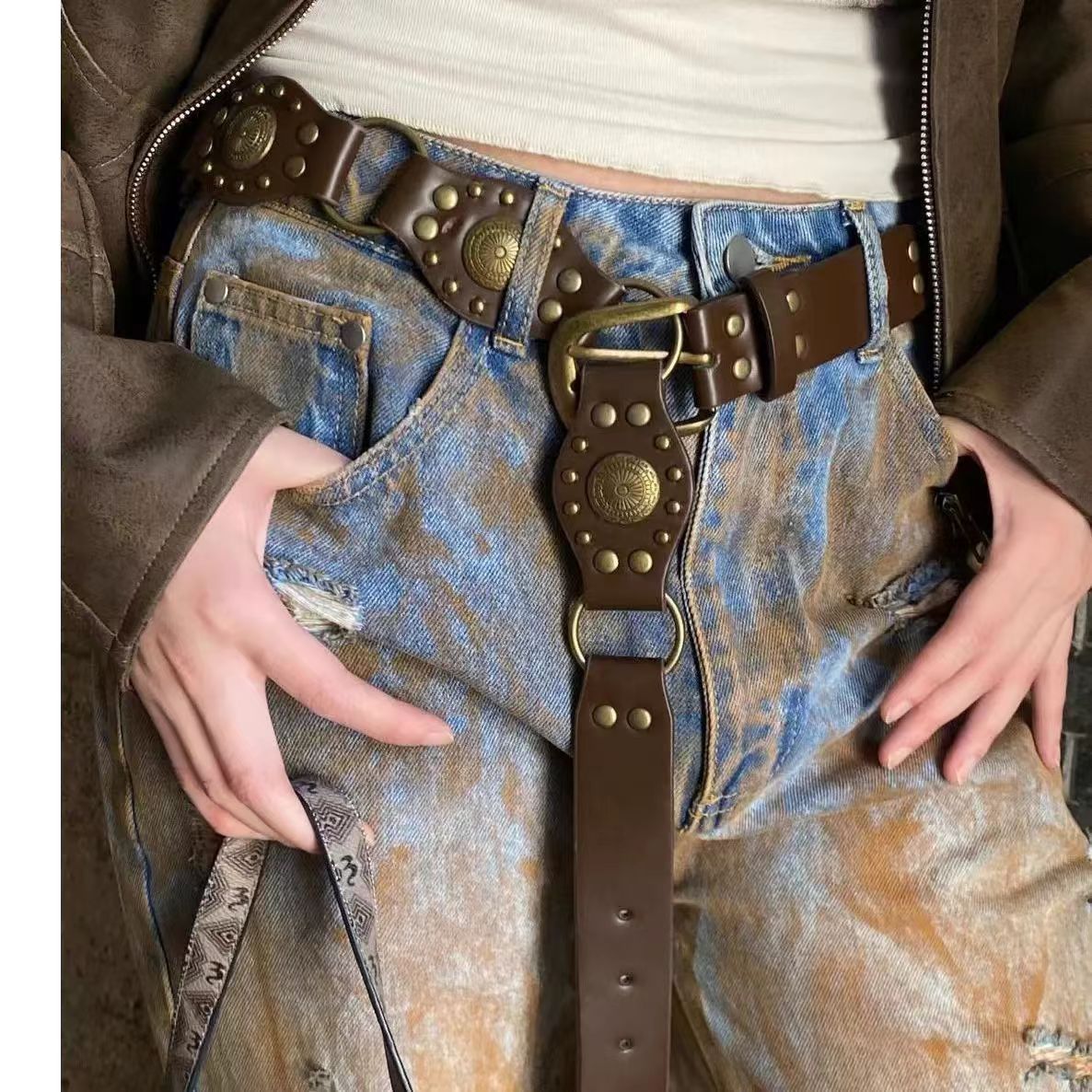 Retro Leather Belt with Decorative Buckle | Vintage Y2K Fashion Waist Belt