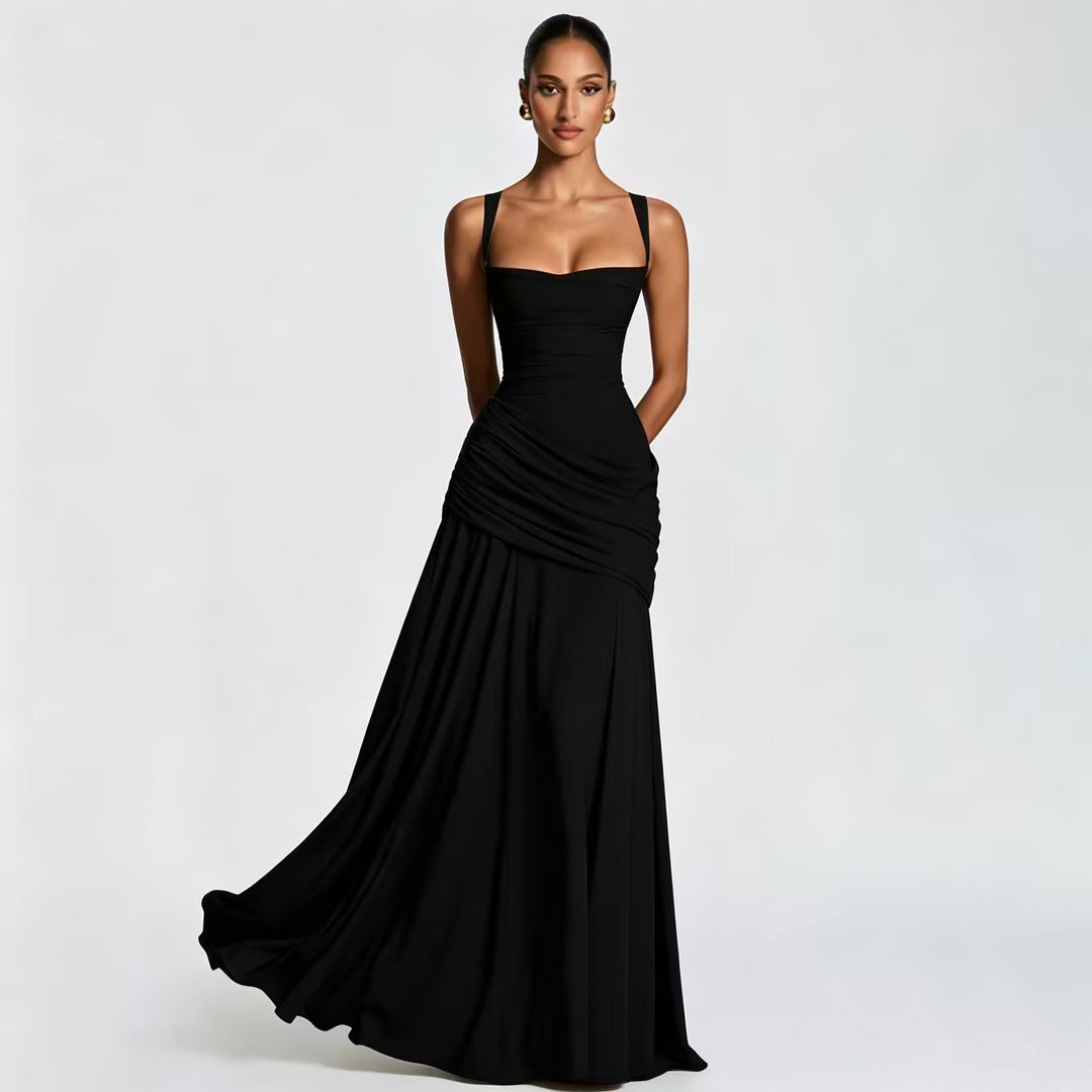 Women's Elegant Sleeveless Flared Maxi Dress | Square Neck High Waist A-Line Dress