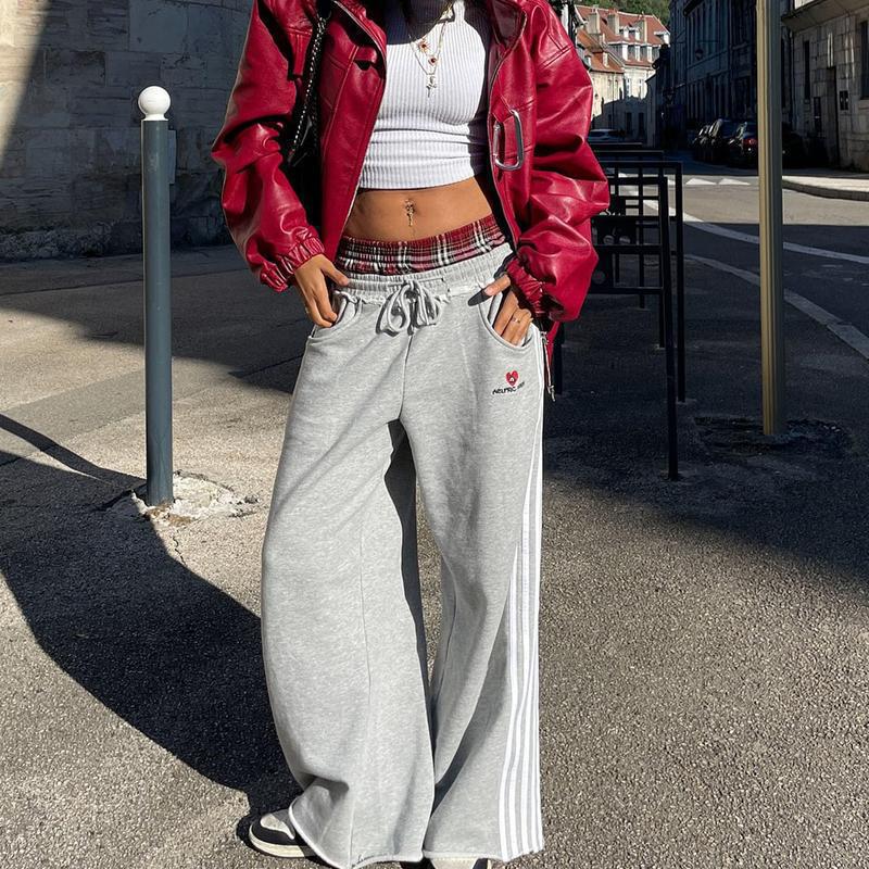 Women's Retro Plaid Embroidered Wide Leg Pants | High Waist Loose Fit Casual Trousers