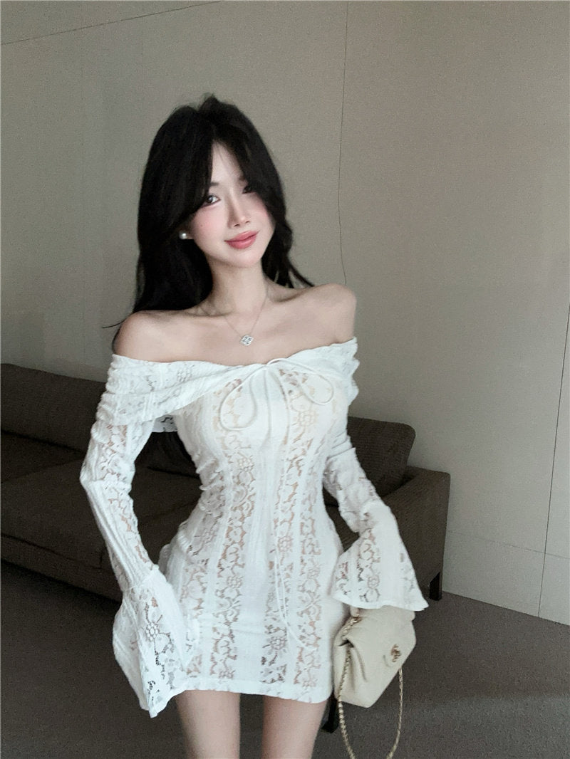 Women's Off-Shoulder Lace Mini Dress | Elegant French Style Flare Sleeve Party Dress