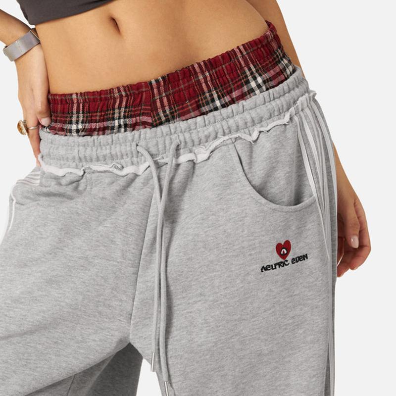Women's Retro Plaid Embroidered Wide Leg Pants | High Waist Loose Fit Casual Trousers