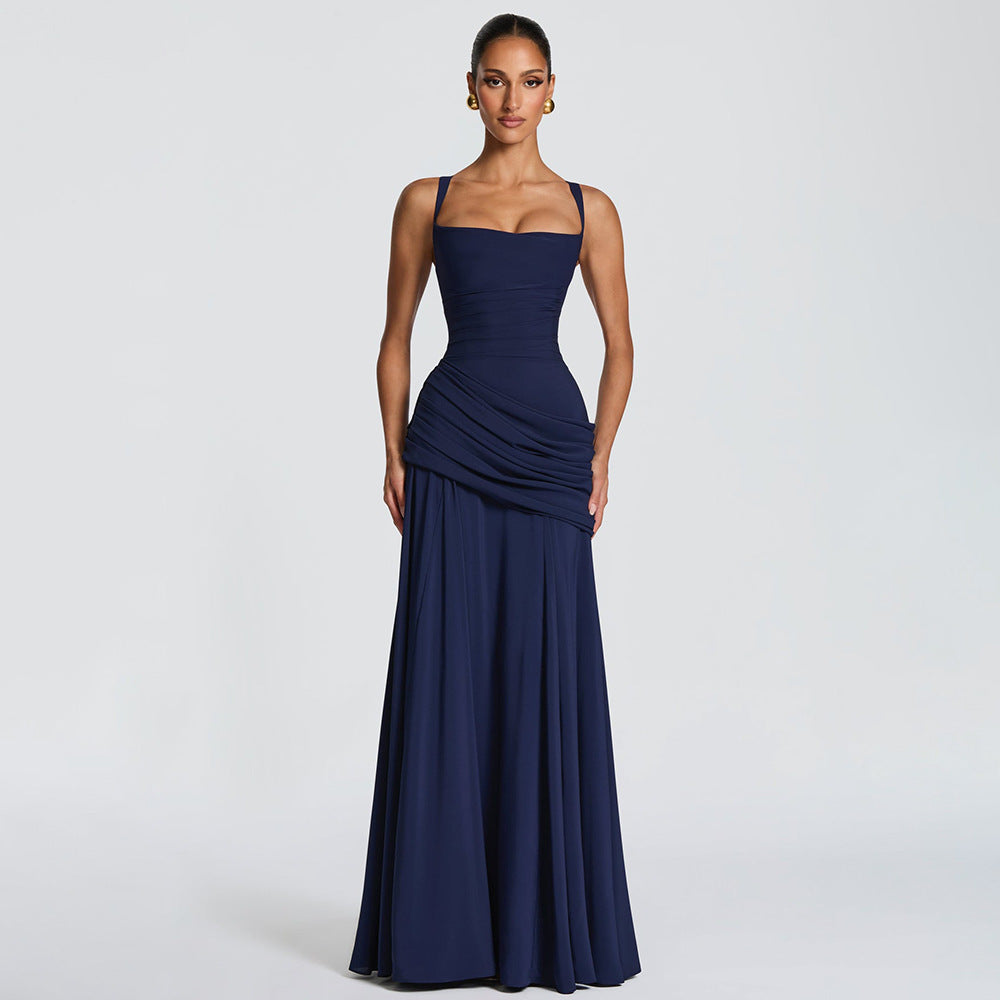Women's Elegant Sleeveless Flared Maxi Dress | Square Neck High Waist A-Line Dress