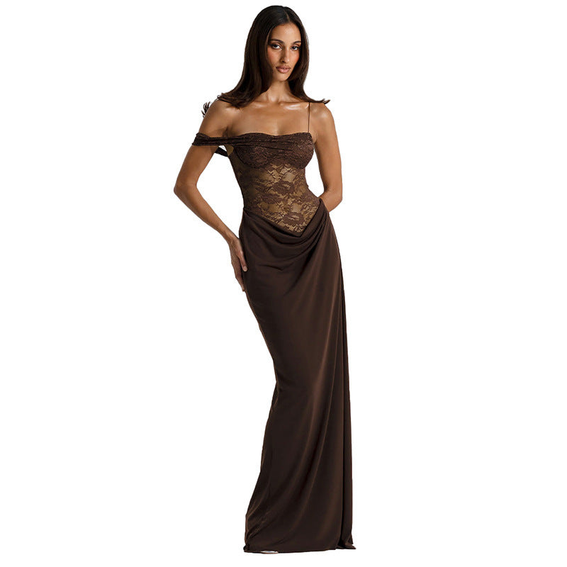 Women's Lace Trim Spaghetti Strap Maxi Dress | Slim Fit Sleeveless Bodycon Dress