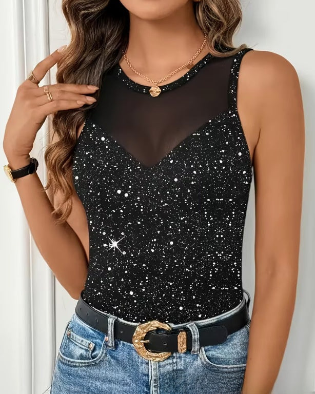 Women's Glitter Mesh Patchwork Tank Top | Slim Fit Sleeveless Party Camisole