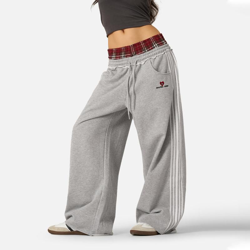 Women's Retro Plaid Embroidered Wide Leg Pants | High Waist Loose Fit Casual Trousers