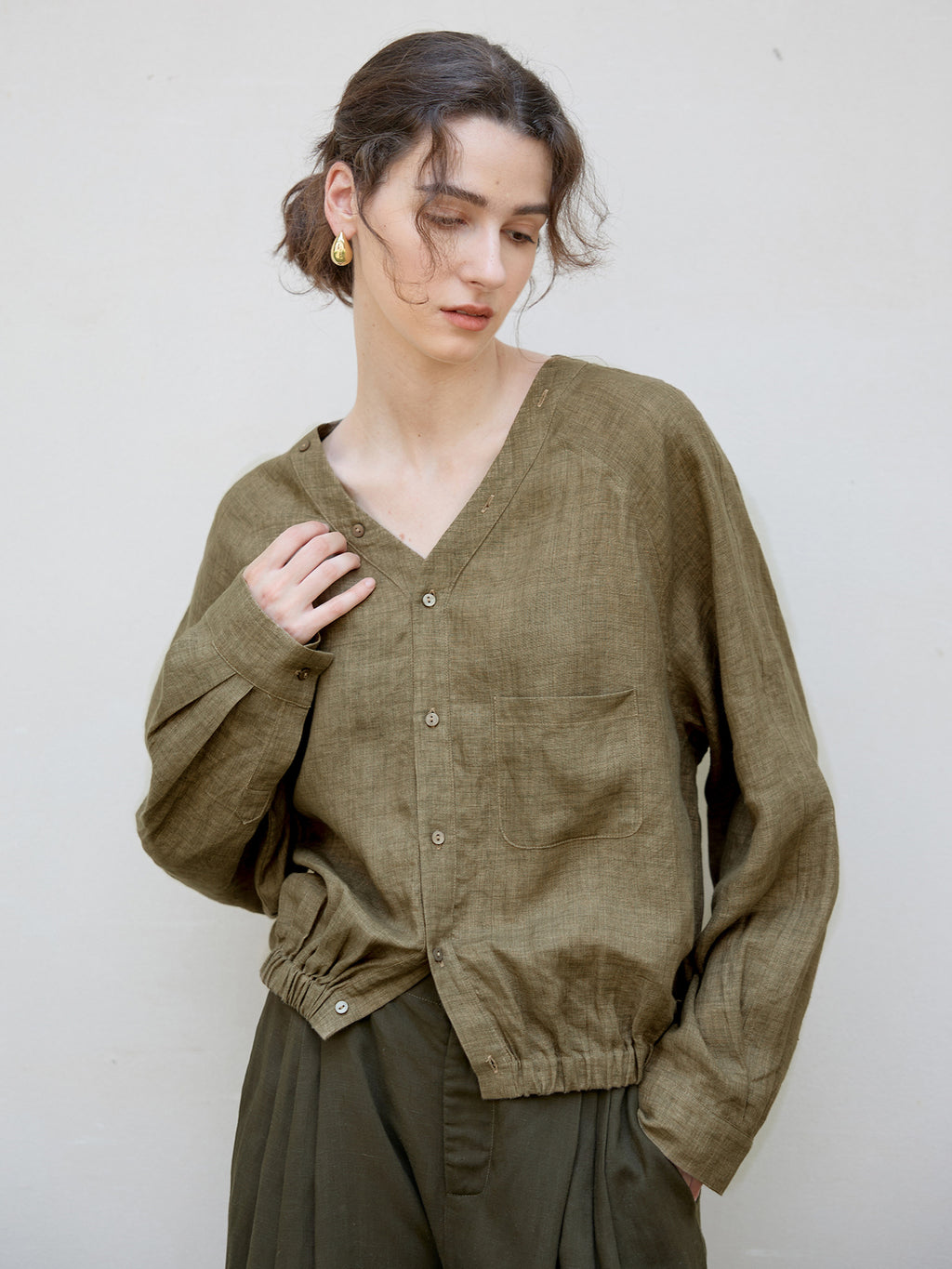 Women's Linen V-Neck Raglan Sleeve Shirt | Relaxed Fit Button-Up Casual Blouse