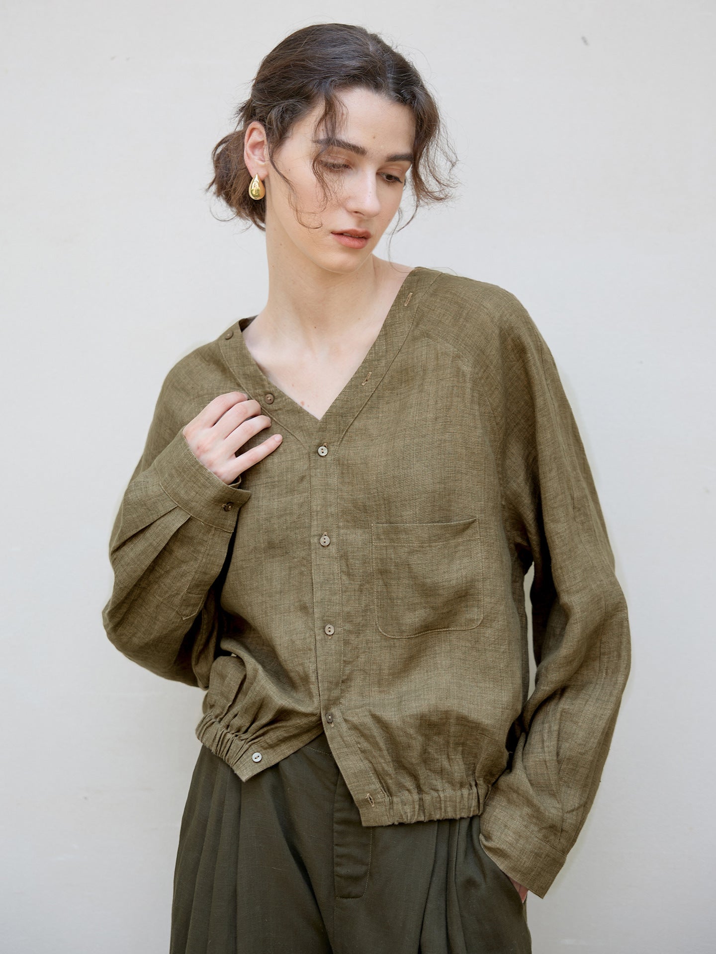 Women's Linen V-Neck Raglan Sleeve Shirt | Relaxed Fit Button-Up Casual Blouse