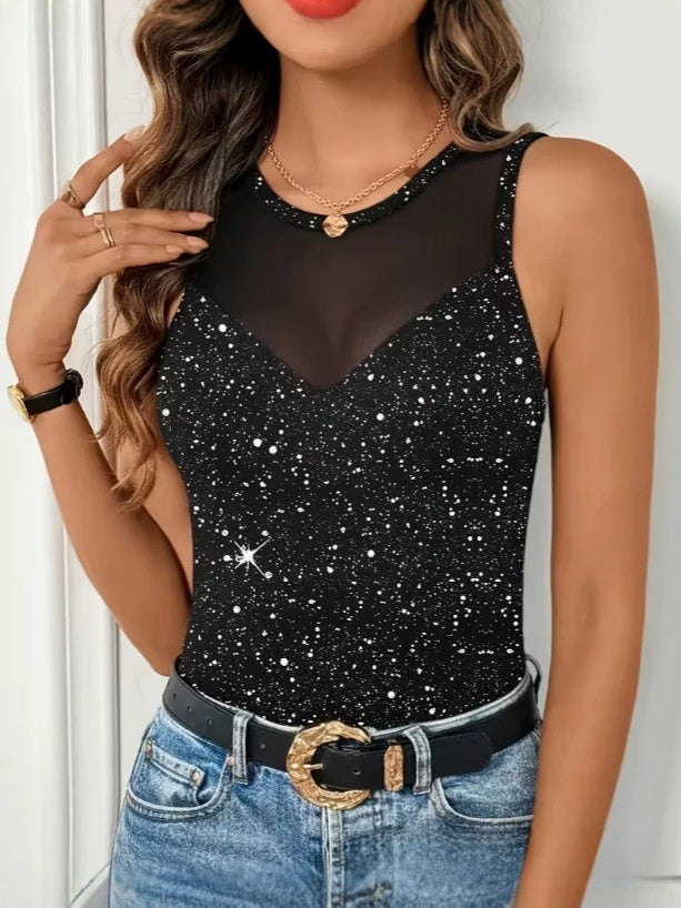 Women's Glitter Mesh Patchwork Tank Top | Slim Fit Sleeveless Party Camisole