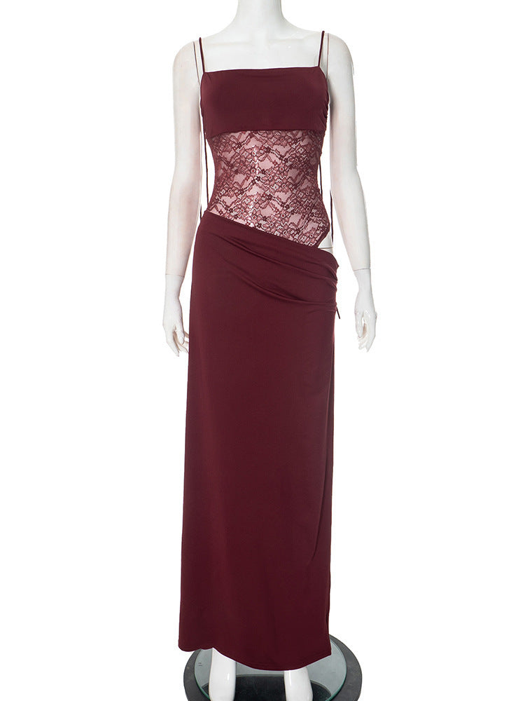 Women's Lace Trim Spaghetti Strap Maxi Dress | Slim Fit Sleeveless Bodycon Dress