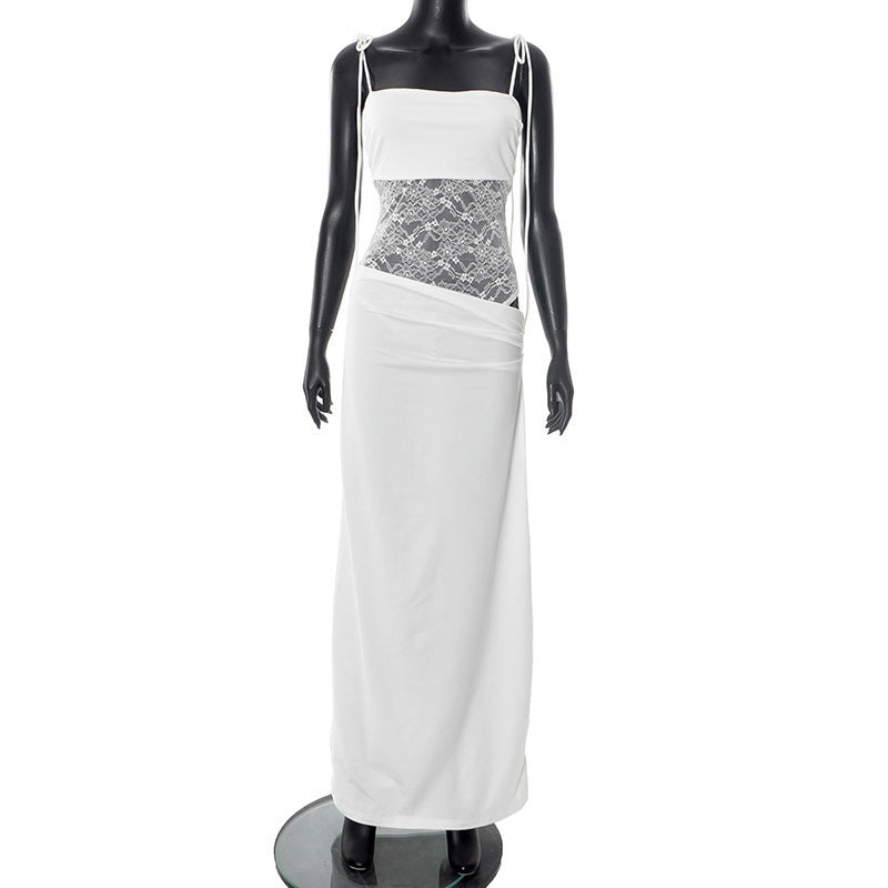Women's Lace Trim Spaghetti Strap Maxi Dress | Slim Fit Sleeveless Bodycon Dress