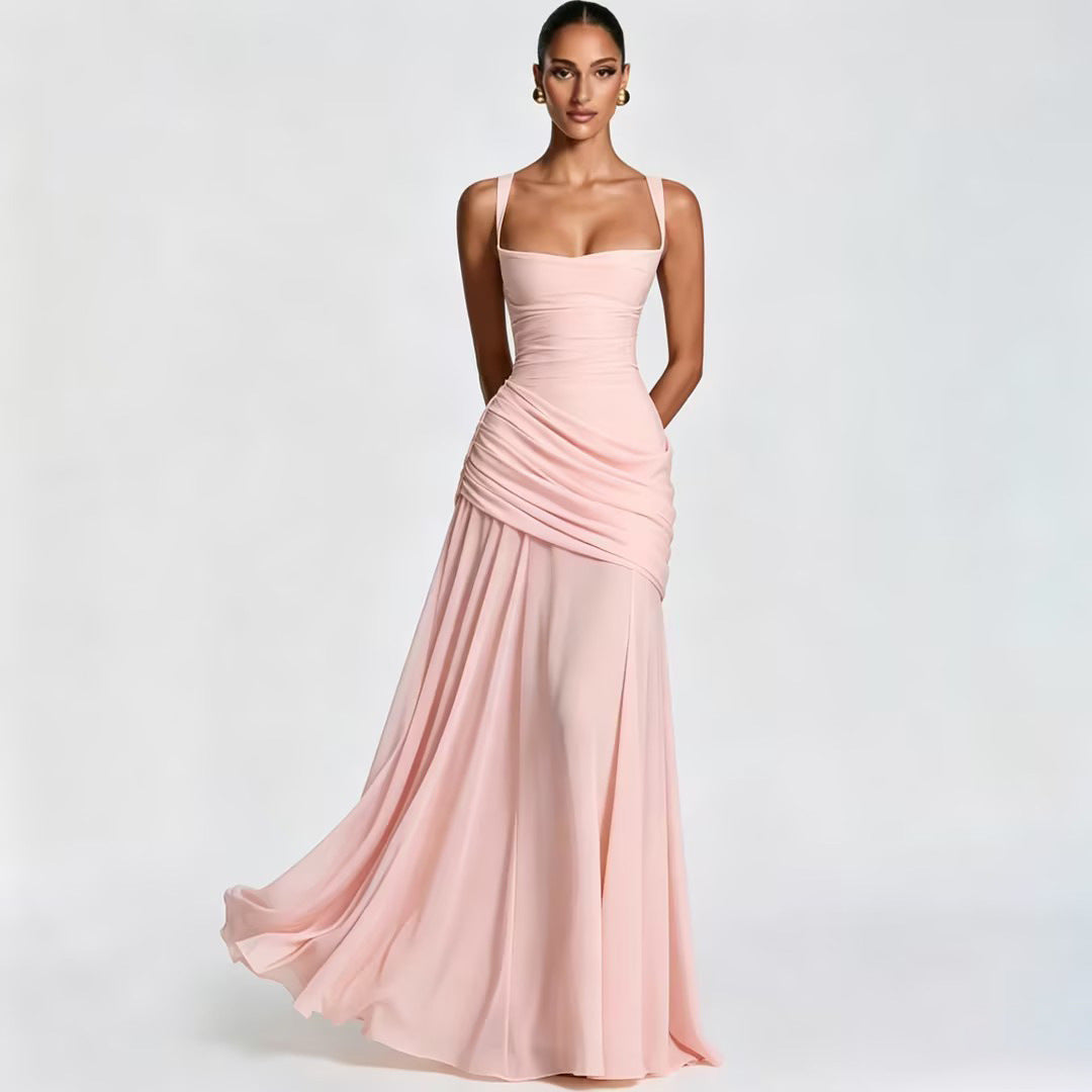 Women's Elegant Sleeveless Flared Maxi Dress | Square Neck High Waist A-Line Dress
