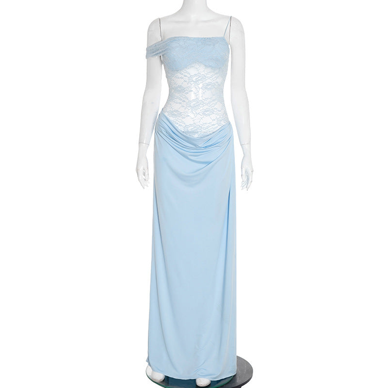 Women's Lace Trim Spaghetti Strap Maxi Dress | Slim Fit Sleeveless Bodycon Dress