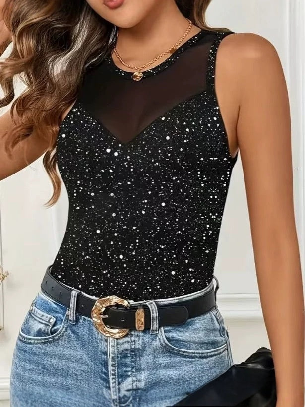 Women's Glitter Mesh Patchwork Tank Top | Slim Fit Sleeveless Party Camisole