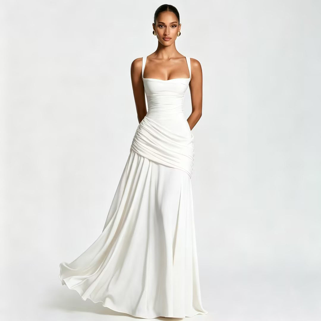 Women's Elegant Sleeveless Flared Maxi Dress | Square Neck High Waist A-Line Dress