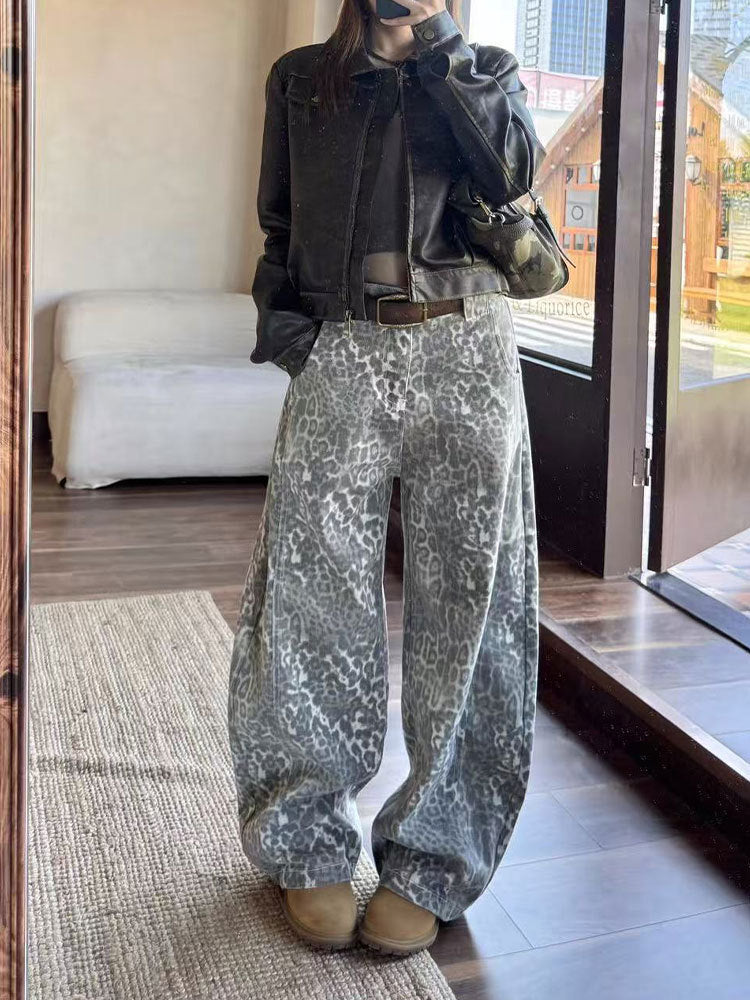 Vintage Leopard Print Wide Leg Jeans | High Waist Relaxed Fit Denim Pants
